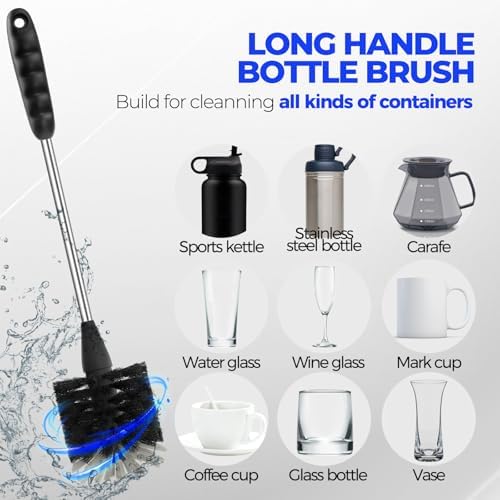Holikme 6 Pack Bottle Brush 14" Stainless Steel Straw Cleaner Brush,Black