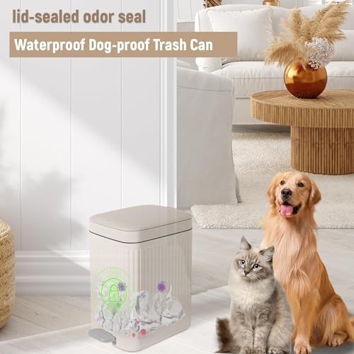 Small Bathroom Trash Can with Lid, 1.9 Gallon Slim Soft Close Step, Cream