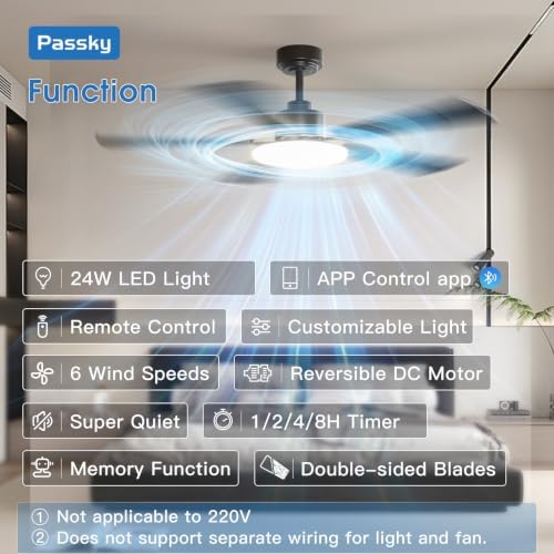 Passky 52 Inch Black Sleek Ceiling Fans with Lights, Remote Control