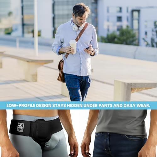 Everyday Medical Inguinal Hernia Belt for Men & Women - Post Surgery Groin Hernia Truss for Left/Right Side, Adjustable Inguinal Hernia Support Belt w/Compression Pad - Black, S/M