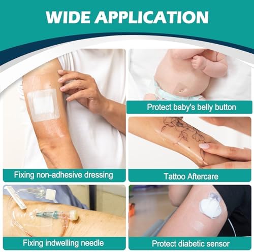 Transparent Film Dressing 6'' x 8'' Box of 12 - Waterproof Bandages for Swimming, Showering, Wounds, Post Surgical Shower or IV Shield, Tattoo Aftercare Bandage, Scar Therapy, Adhesive Patches