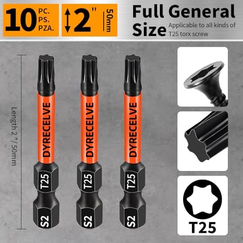 DYRECELVE 10-Pack T25 Torx Bits for Impact Driver, T25 Bit Magnetic 2-Inch