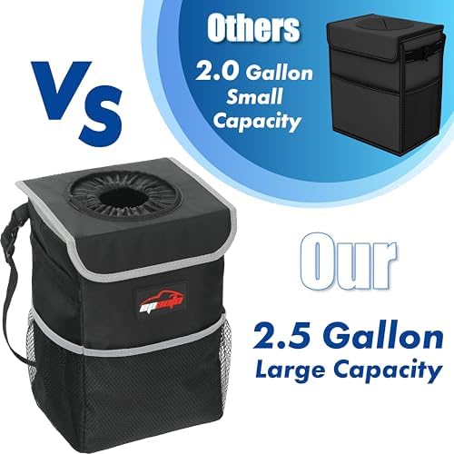 EPAuto Waterproof Car Trash Can with Lid and Pockets, 2.5 Gal, Black