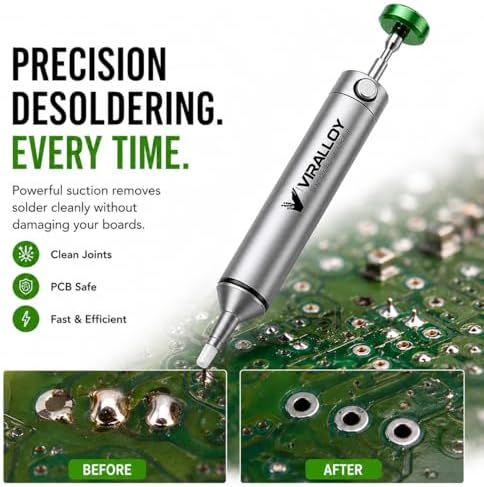 Solder Sucker Tool No Clog Silicone-Tip Manual Desoldering Pump Soldering Accessories for Solder Remover – Unrivaled Suction • No Power Needed • Ultra Low-Maintenance • Best-in-Class Desoldering Gun