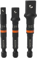 Klein Tools 65030A 3-Piece Impact Driver Socket Adapter Set, 3-Inch Quick-Connect Extensions, Knurled Grip, High-Visibility, 1/4, 3/8, and 1/2-Inch Square Drive Adapters