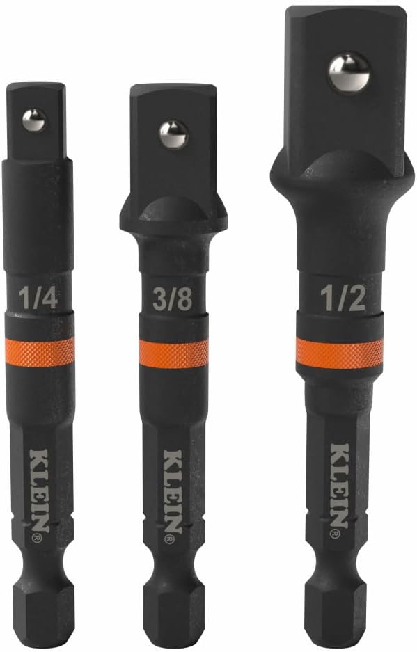 Klein Tools 65030A 3-Piece Impact Driver Socket Adapter Set, 3-Inch Quick-Connect Extensions, Knurled Grip, High-Visibility, 1/4, 3/8, and 1/2-Inch Square Drive Adapters