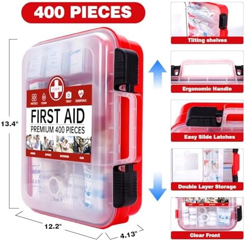 400 Pieces All-Purpose First Aid Kit, Organized Dual-Layer Wall