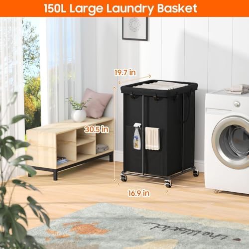 Laundry Hamper with Wheels, 150L Rolling Laundry Basket with Bag & Handles