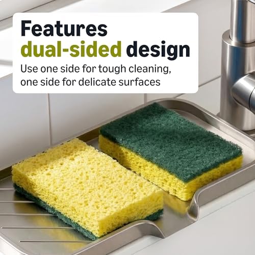 Amazon Basics Heavy Duty Dual-Sided Scrub Sponges, Reusable, 4.4 x 2.7 x 0.8 in, Yellow/Green, 6-Pack