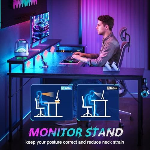 Korfile 66'' L Shaped Gaming Desk with Storage Drawers, Power Outlets, LED