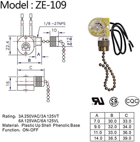 Ceiling Fan Light Switch Zing Ear ZE-109 Two-Wire With Pull Cords for Fans, Lamps and Wall Lights - Pull Chain Control Replacement On-Off, 2 Pcs Bronze