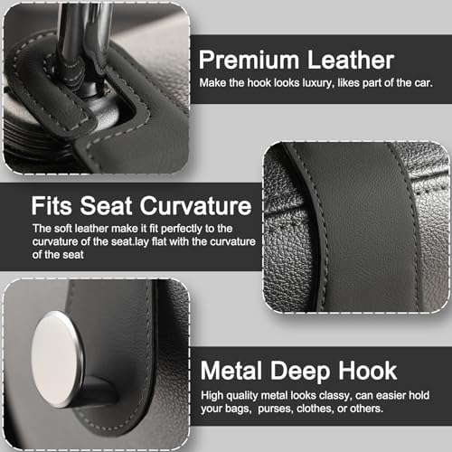 2 Pack Car Headrest Hooks Leather & Alloy Car Seat Storage Hangers, Black