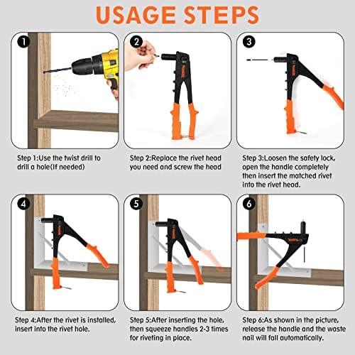 Rivet gun,Professional Pop Rivet Gun Kit with 200Pcs Rivets, 3/32"-1/8"-5/32"-3/16", Heavy Hand Riveter kit Suitable for Metal work, Gutter, Automotive and other common DIY projects