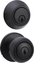 Amazon Basics Exterior Door Knob with Key Lock and Deadbolt, Keyed Alike, Coastal, Matte Black