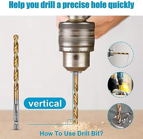 19 Pcs Hex Shank Drill Bit Set, 1/16"-1/4", HSS Titanium Twist, Metal, Wood