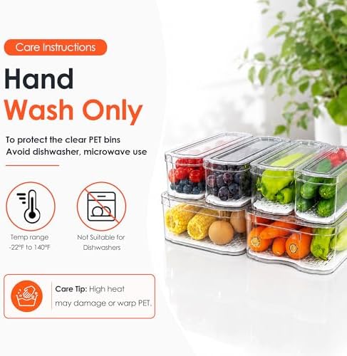 SMRCAD 6 Pack Clear Fridge Organizer Bins with Drain Trays - Stackable