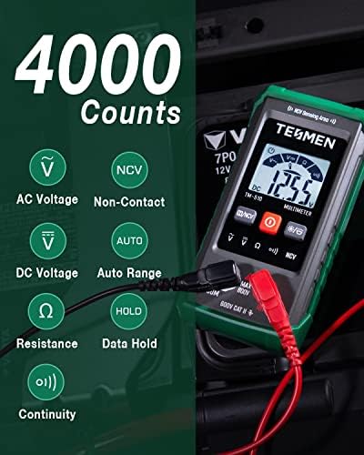 TM-510 Digital Multimeter, 4000 Counts, Smart Measurement, Auto-Ranging Voltmeter; Voltage Tester with Non-Contact Voltage Function, Measures AC/DC Voltage, Resistance, Continuity – Green