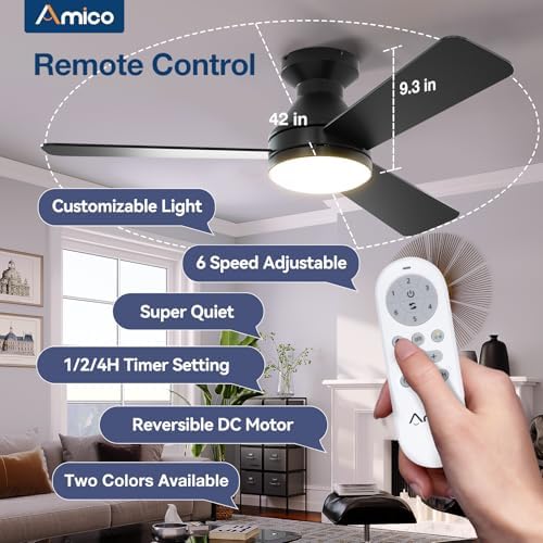 Amico 42 Inch Black Low Profile Ceiling Fans with Lights and Remote