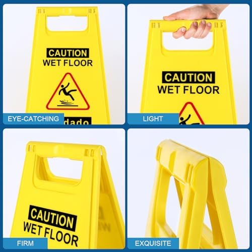 WOUSEDO 2-Pack Caution Wet Floor Sign,17.5" Height,Bright Yellow Double-Sided Folding A-Shaped Frame Design, Bilingual Caution Message