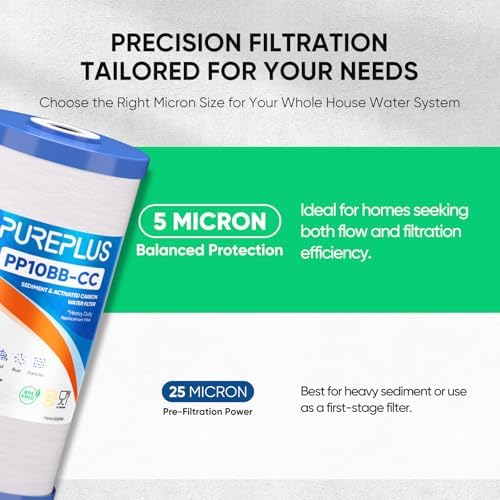 PUREPLUS 5 Micron 10"x4.5" Whole House Sediment & Carbon Water Filter,4PACK