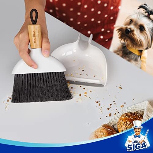 MR.SIGA Mini Dustpan and Brush Set, Bamboo Handle, White, 1 Set