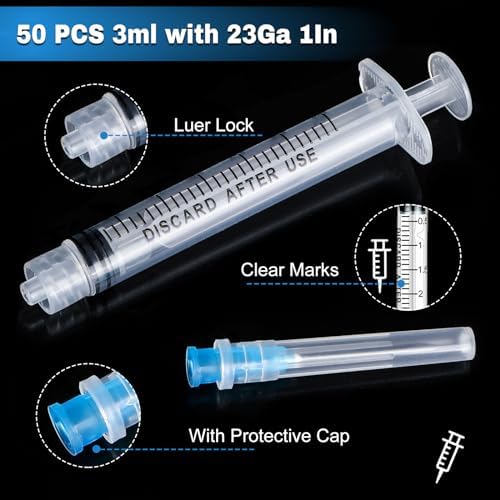 50 Pack 3ml Syringes with Needle-23Ga 1 Inch Needle with Luer Lock, Individually Sealed Packaging