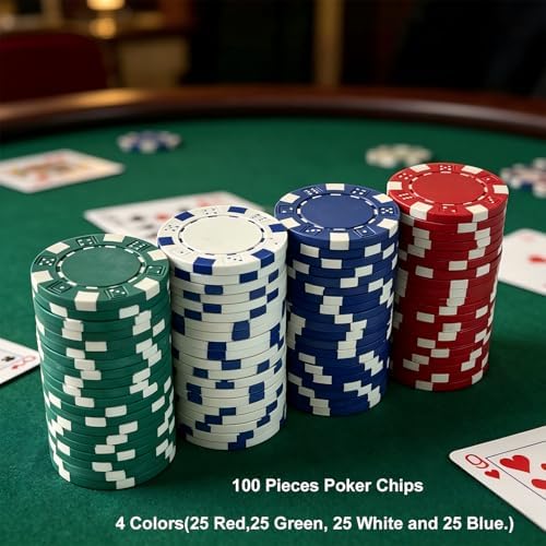 SEETOOOGAMES 100 Pieces 11.5g Clay Composite Dice Striped Casino Poker Chips- 4 Colors (red, Green, White and Blue)