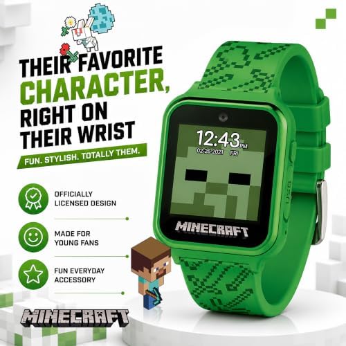 Minecraft Kids Smart Watch – Touchscreen Interactive Watch with 10 Customizable Clock Faces, Built-in Camera, Video Recorder, Alarm, Calculator, Games & Pedometer – Fits Wrists 5.5" to 8"