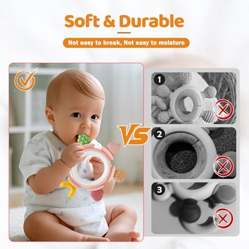 Baby Teething Toys for Babies 3-12 Months, Silicone Teething Rings for Babies, Infant Teether for Sore Gum Relief, Sensory Chew Toy Baby Teether, Baby Essentials Gift for Newborn Boys Girls, Pink