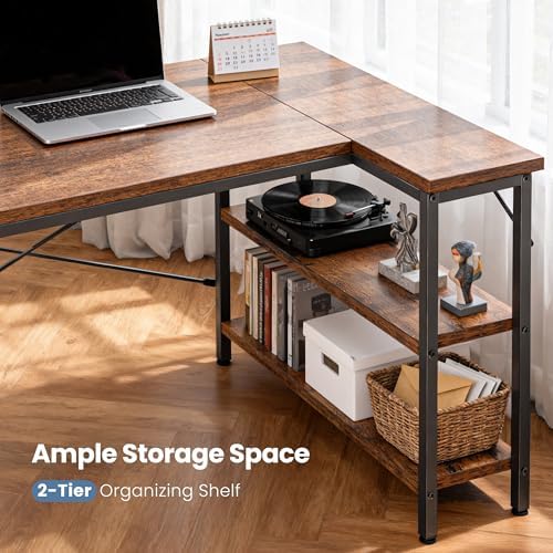 DUMOS 47" L Shaped Computer Desk, Corner Desks with Storage Shelves, Brown