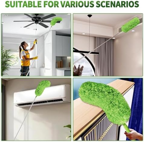 Cobweb Duster with Extension Pole, Washable Cleaning Duster Set with 2 Duster Heads, Corner Brush, 15-110-Inch Telescoping Pole for high Ceiling Fans, Long Duster for high Ceilings，Spider Web Brush