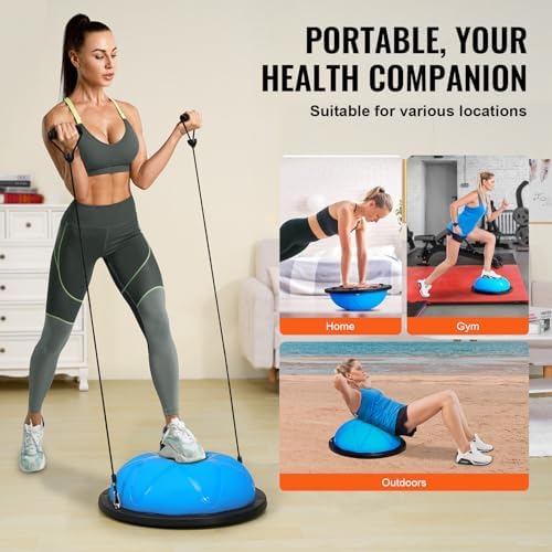 VEVOR Half Exercise Ball Trainer, 23/26 inch Balance Ball Trainer, 1500lbs Capacity Stability Ball, Yoga Ball with Resistance Bands & Foot Pump, Strength Fitness Ball for Home Gym Full Body Workout