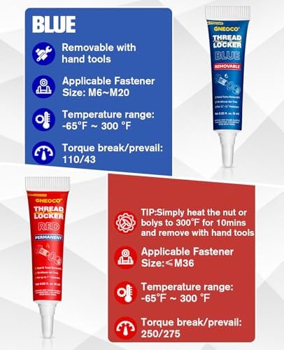 2 Pack Thread Locker Blue and Red 6mlx2 - Medium and Strong StrengthThreadlocker Metal Glue for Nuts, Bolts, Fasteners - Prevent Loosening/Corrosion (Blue and Red 6ml*2)