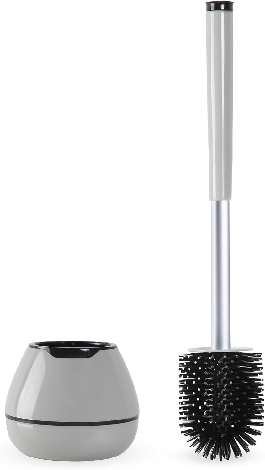 BOOMJOY Toilet Brush and Holder Set, Silicone Toilet Bowl Cleaner Brush, Bathroom Cleaning Bowl Kit with Tweezers, Bathroom Accessories with Aluminum Handle - White