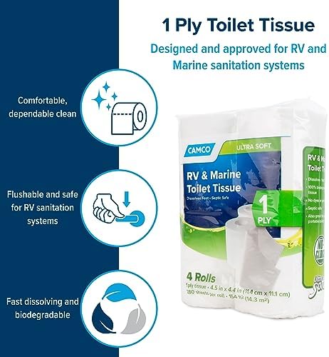 Camco 1-Ply RV Toilet Paper - 4 Rolls - Quick Dissolve & Septic Safe