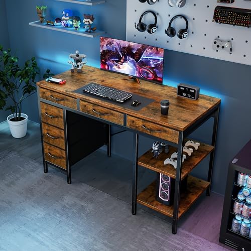 Sweetcrispy 47" Computer Desk with 6 Fabric Drawers & Storage Shelves