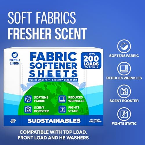 Sudstainables Fabric Softener Sheets for Washer, Fresh Linen, 200 Loads