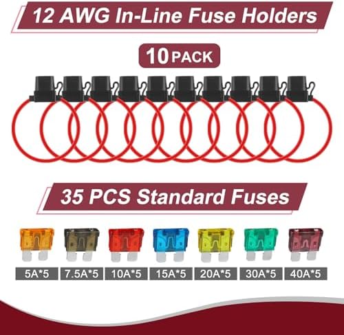 10 Pack 12AWG Inline Fuse Holder 12V with 35PCS Standard Car Fuses
