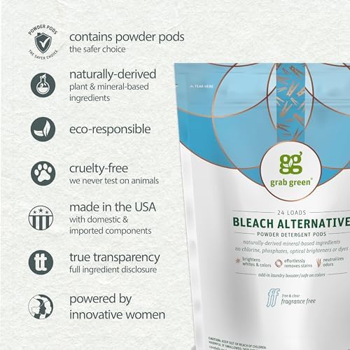 Grab Green Bleach Alternative Pods, 60 Count, Fragrance Free, Chlorine Free
