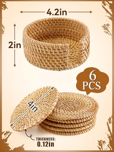 Handmade Rattan Coasters Set of 6 with Holder, Farmhouse Home Decor