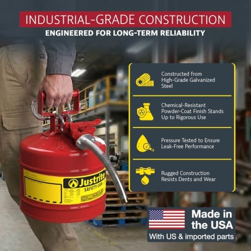 Justrite Type II Gasoline Safety Can, Red Galvanized Steel, FM Approved