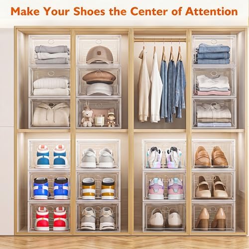 Sturdy Clear Shoe Organizer with Magnetic Door, Stackable Shoe Storage Box
