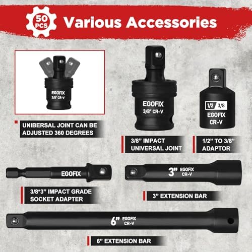 3/8" Drive Impact Socket Set, 50 Piece Standard SAE (5/16 to 3/4 inch) and Metric (8-22mm) 6 Point, with Adjustable Ratchet Handle, Extension Bars, Impact Universal Joint, Adapter, Cr-V Steel