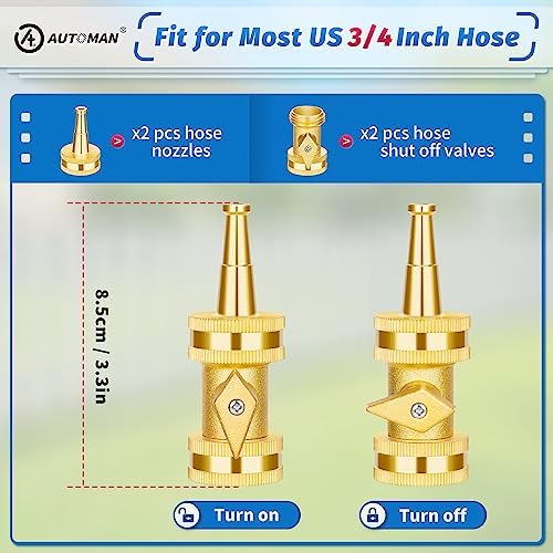 AUTOMAN Brass Hose Nozzle - High Pressure Jet Nozzle 4 Count (2 Set), Heavy Duty Water Hose Sprayer Sweeper with Hose Shutoff Valve, 3/4” GHT Nozzles for Garden Hose, Car Wash, Extra 10 Rubber Washers