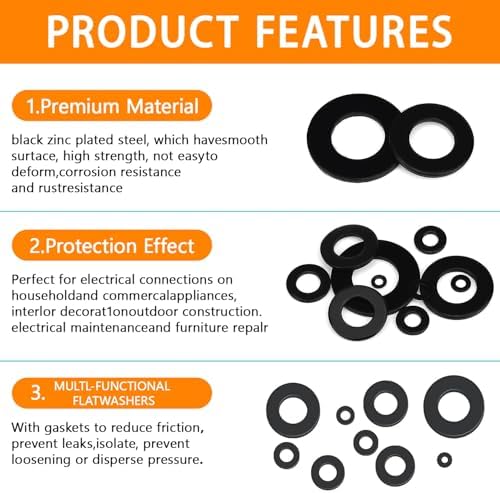 1100Pcs 9 Sizes M2-M12 Black Flat Washers for Screws & Bolts