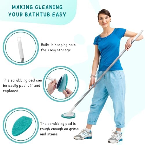 Shower Scrubber with Long Handle, 47'' Bathtub Scrub Brush with 6 Pads