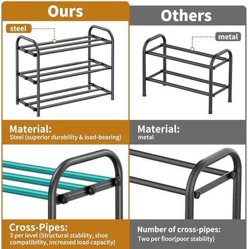 Hleelomi 3-Tier Metal Expandable Shoe Rack for Closet and Entryway Black