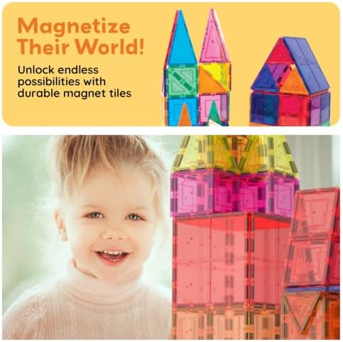 PicassoTiles 60 Piece Magnetic Tiles Clear 3D Building Blocks STEM Ages 3+