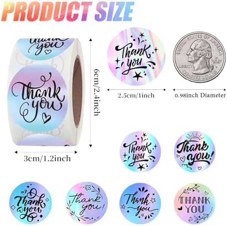Holographic Thank You Stickers, 1000pcs, 1 Inch, Round