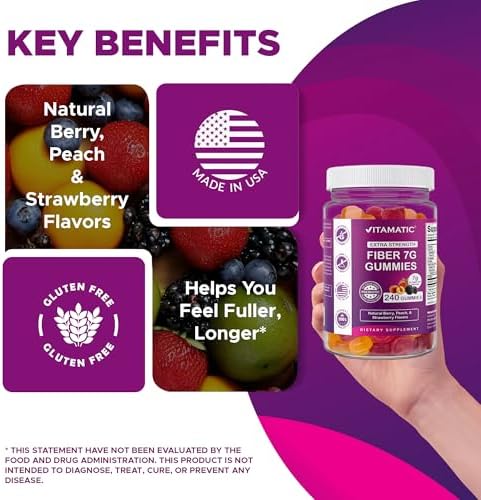 Vitamatic Prebiotic Fiber Gummies for Adults, 7G Extra Strength, Zero Sugar Added, 240 Pectin Based Gummies, Digestive Health & Regularity Support